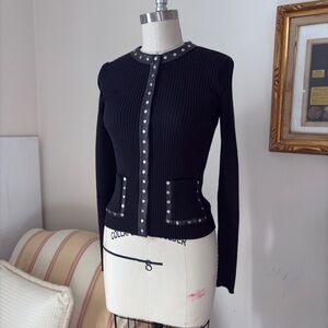 CÉLINE Black Ribbed Wool Cardigan w/ Leather Trim & Studs | Size S Phoebe Era